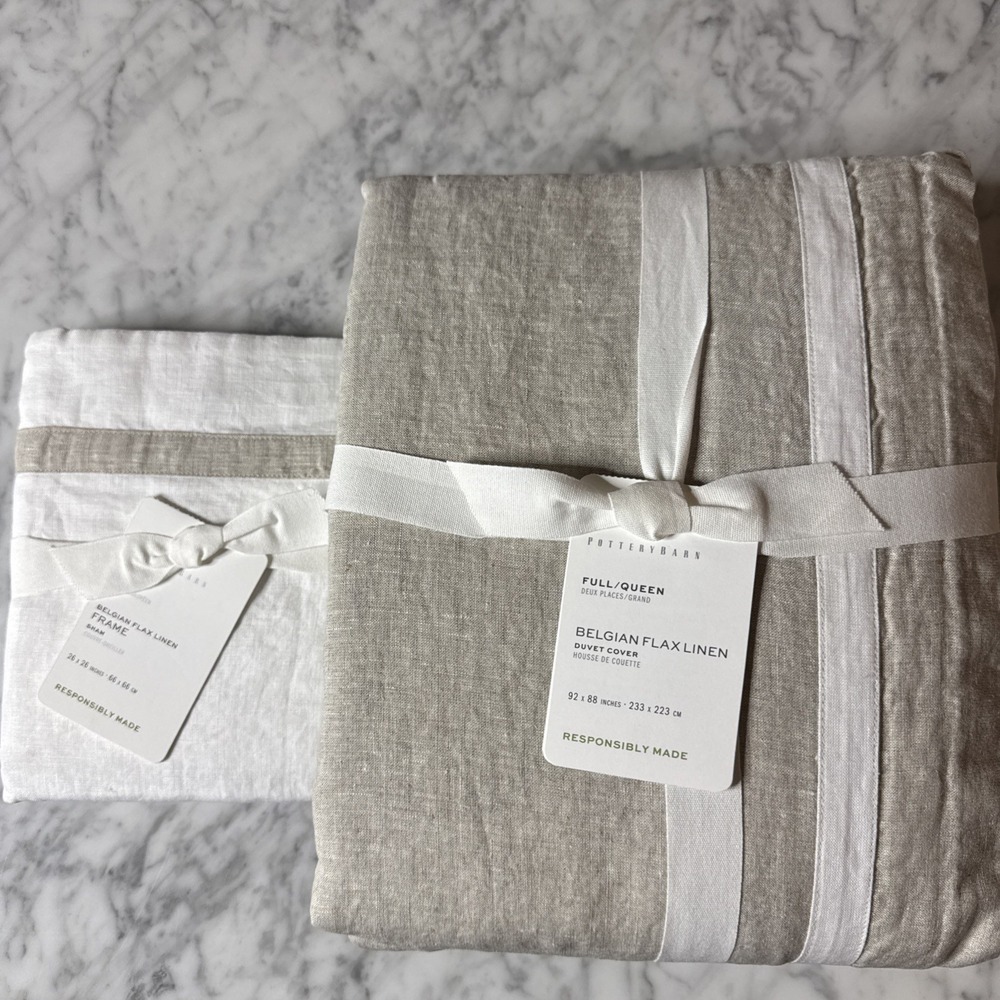 POTTERY BARN Belgian Flax Linen Queen Duvet Cover + Euro Sham Natural Beige